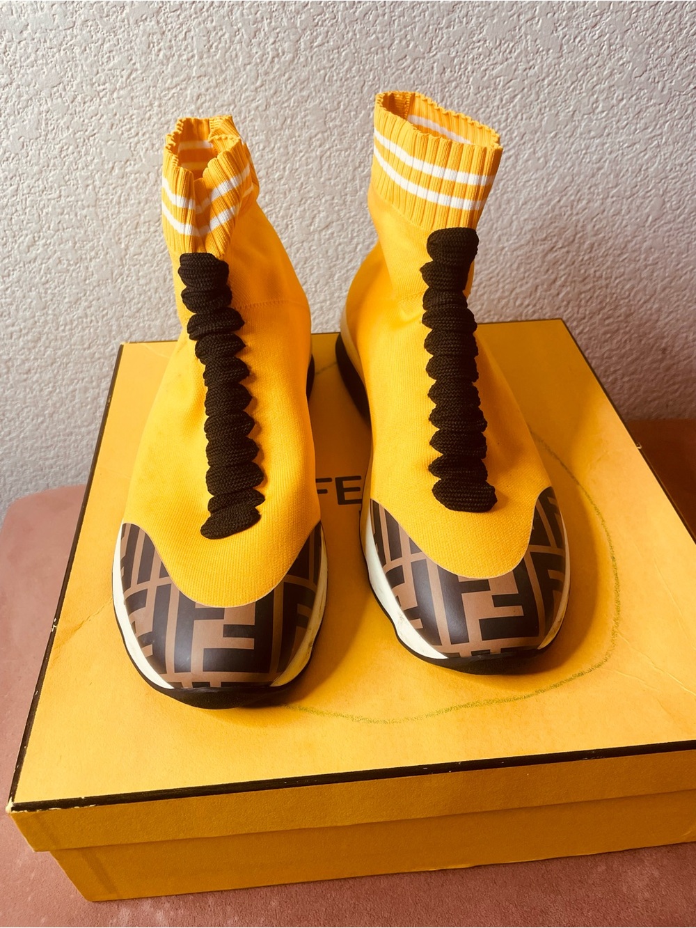 Fendi Yellow Sock Sneaker with Brown FF Toe
